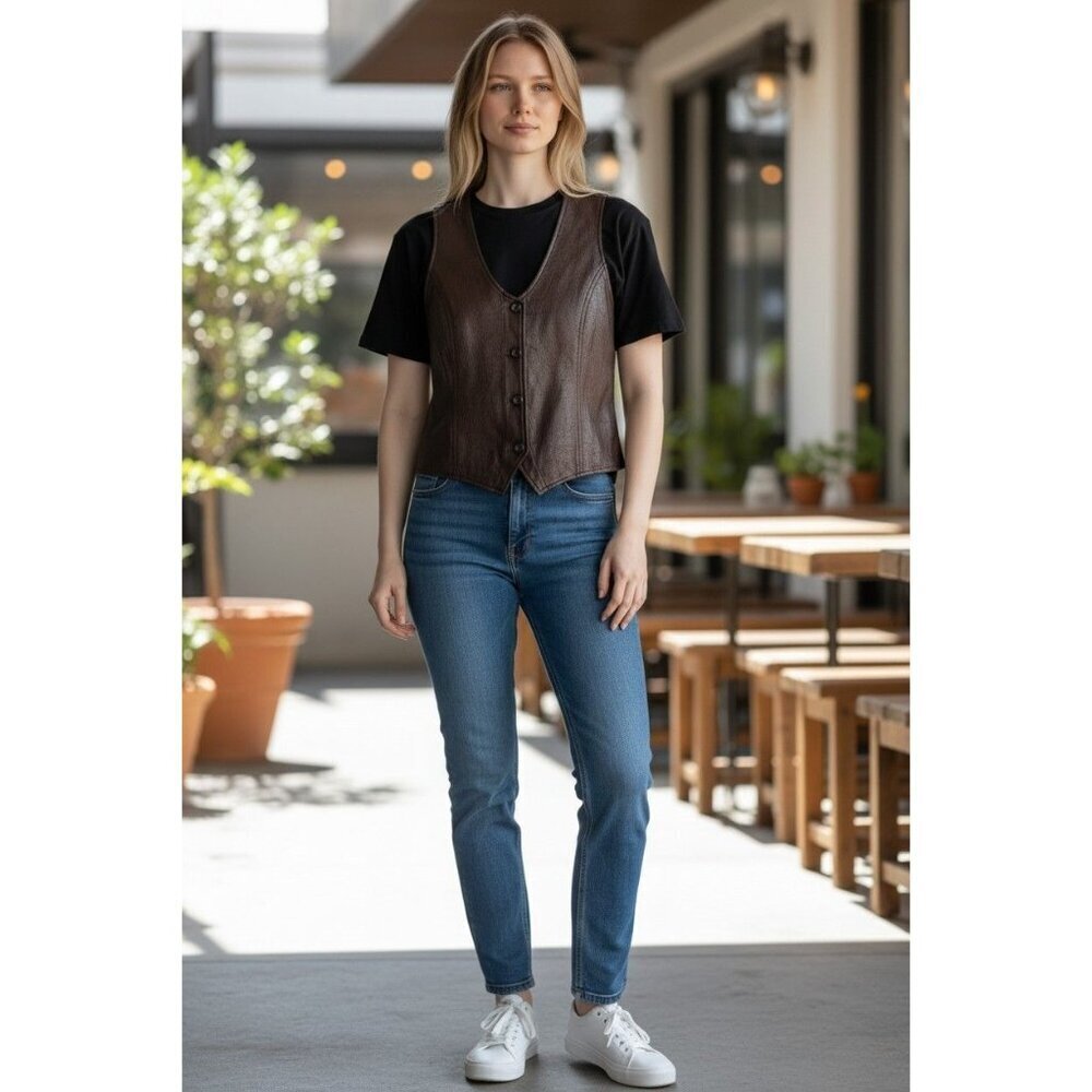 New York & Company Womens  Faux Leather Button-Up Vest  Brown Small